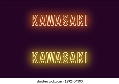 Neon name of Kawasaki city in Japan. Vector text of Kawasaki, Neon inscription with backlight in Bold style, orange and yellow colors. Isolated glowing title for decoration. Without overlay mode