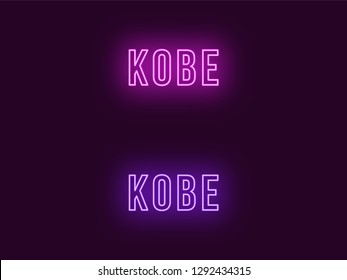Neon name of Kobe city in Japan. Vector text of Kobe, Neon inscription with backlight in Bold style, purple and violet colors. Isolated glowing title for decoration. Without overlay mode
