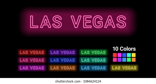 Neon name of Las Vegas city. Vector illustration of Las Vegas inscription consisting of neon outlines, with backlight on the dark background. 10 different colors
