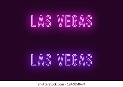 Neon name of Las Vegas city in USA. Vector text of Las Vegas, Neon inscription with backlight in Thin style, purple and violet colors. Isolated glowing title for decoration. Without overlay mode