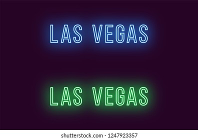 Neon name of Las Vegas city in USA. Vector text of Las Vegas, Neon inscription with backlight in Thin style, blue and green colors. Isolated glowing title for decoration. Without overlay mode