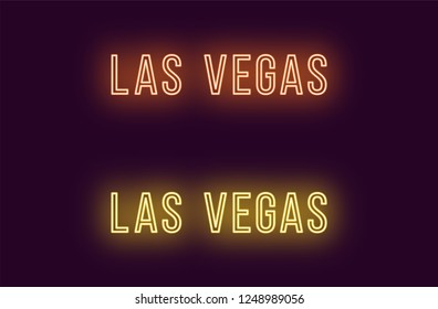 Neon name of Las Vegas city in USA. Vector text of Las Vegas, Neon inscription with backlight in Thin style, orange and yellow colors. Isolated glowing title for decoration. Without overlay mode