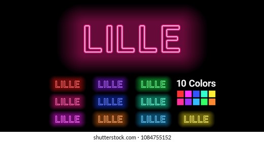 Neon name of Lille city. Vector illustration of Lille inscription consisting of neon outlines, with backlight on the dark background. Set of different colors