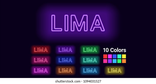 Neon name of Lima city. Vector illustration of Lima inscription consisting of neon outlines, with backlight on the dark background. Set of different colors