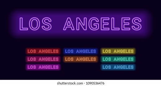 Neon name of Los Angeles city. Vector illustration of Los Angeles inscription consisting of neon outlines, with backlight on the dark background. Set of different colors