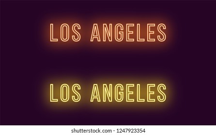 Neon name of Los Angeles city in USA. Vector text of Los Angeles, Neon inscription with backlight in Thin style, orange and yellow colors. Isolated glowing title for decoration. Without overlay mode