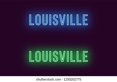 Neon name of Louisville city in USA. Vector text of Louisville, Neon inscription with backlight in Thin style, blue and green colors. Isolated glowing title for decoration. Without overlay mode