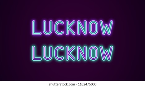 Neon name of Lucknow city in India. Vector illustration of Lucknow inscription in Neon style with backlight, Violet and Turquoise colors. Isolated glowing city for decoration of the Diwali festival
