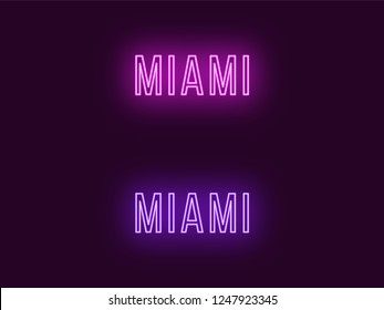 Neon name of Miami city in USA. Vector text of Miami, Neon inscription with backlight in Thin style, purple and violet colors. Isolated glowing title for decoration. Without overlay mode