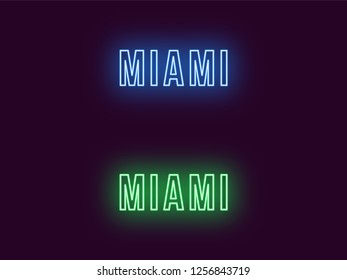 Neon name of Miami city in USA. Vector text of Miami, Neon inscription with backlight in Bold style, blue and green colors. Isolated glowing title for decoration. Without overlay mode