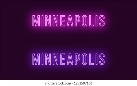 Neon name of Minneapolis city in USA. Vector text of Minneapolis, Neon inscription with backlight in Thin style, purple and violet colors. Isolated glowing title for decoration. Without overlay mode