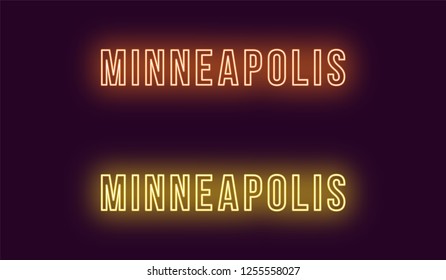 Neon name of Minneapolis city in USA. Vector text of Minneapolis, Neon inscription with backlight in Bold style, orange and yellow colors. Isolated glowing title for decoration. Without overlay mode