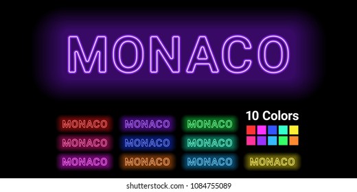 Neon name of Monaco city. Vector illustration of Monaco inscription consisting of neon outlines, with backlight on the dark background. Set of different colors