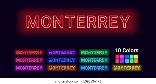 Neon name of Monterrey city. Vector illustration of Monterrey inscription consisting of neon outlines, with backlight on the dark background. Set of different colors