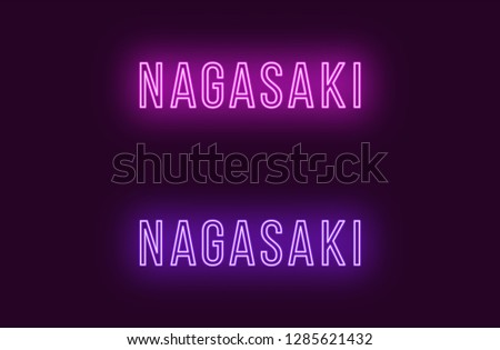 Neon name of Nagasaki city in Japan. Vector text of Nagasaki, Neon inscription with backlight in Thin style, purple and violet colors. Isolated glowing title for decoration. Without overlay mode