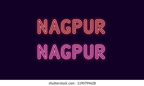 Neon name of Nagpur city in India. Vector illustration of Nagpur inscription in Neon style with backlight, Red and Pink colors. Isolated glowing city for decoration of the Diwali festival
