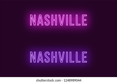 Neon name of Nashville city in USA. Vector text of Nashville, Neon inscription with backlight in Thin style, purple and violet colors. Isolated glowing title for decoration. Without overlay mode