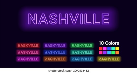 Neon name of Nashville city. Vector illustration of Nashville inscription consisting of neon outlines, with backlight on the dark background. Set of different colors