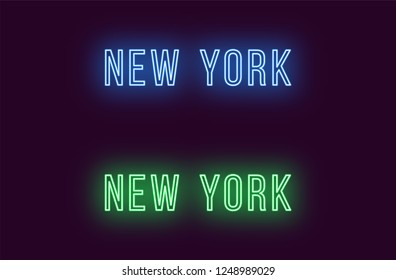 Neon name of New York city in USA. Vector text of New York, Neon inscription with backlight in Thin style, blue and green colors. Isolated glowing title for decoration. Without overlay mode