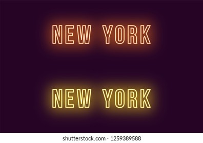 Neon name of New York city in USA. Vector text of New York, Neon inscription with backlight in Bold style, orange and yellow colors. Isolated glowing title for decoration. Without overlay mode