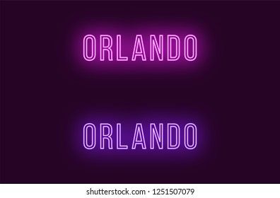 Neon name of Orlando city in USA. Vector text of Orlando, Neon inscription with backlight in Thin style, purple and violet colors. Isolated glowing title for decoration. Without overlay mode