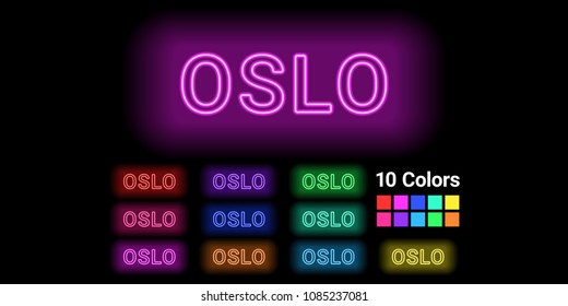 Neon name of Oslo city. Vector illustration of Oslo inscription consisting of neon outlines, with backlight on the dark background. Set of different colors