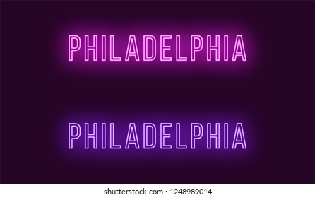 Neon name of Philadelphia city in USA. Vector text of Philadelphia, Neon inscription with backlight in Thin style, purple and violet colors. Isolated glowing title for decoration. Without overlay mode