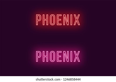 Neon name of Phoenix city in USA. Vector text of Phoenix, Neon inscription with backlight in Thin style, red and pink colors. Isolated glowing title for decoration. Without overlay mode