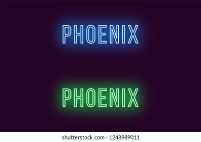 Neon name of Phoenix city in USA. Vector text of Phoenix, Neon inscription with backlight in Thin style, blue and green colors. Isolated glowing title for decoration. Without overlay mode