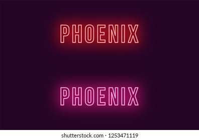 Neon name of Phoenix city in USA. Vector text of Phoenix, Neon inscription with backlight in Bold style, red and pink colors. Isolated glowing title for decoration. Without overlay mode