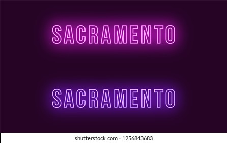 Neon name of Sacramento city in USA. Vector text of Sacramento, Neon inscription with backlight in Bold style, purple and violet colors. Isolated glowing title for decoration. Without overlay mode