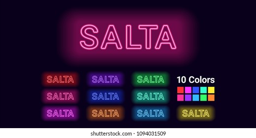 Neon name of Salta city. Vector illustration of Salta inscription consisting of neon outlines, with backlight on the dark background. Set of different colors