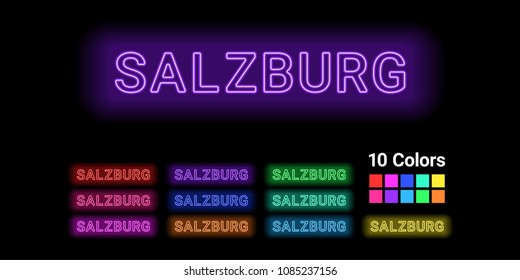 Neon name of Salzburg city. Vector illustration of Salzburg inscription consisting of neon outlines, with backlight on the dark background. Set of different colors