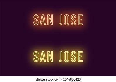 Neon name of San Jose city in USA. Vector text of San Jose, Neon inscription with backlight in Thin style, orange and yellow colors. Isolated glowing title for decoration. Without overlay mode