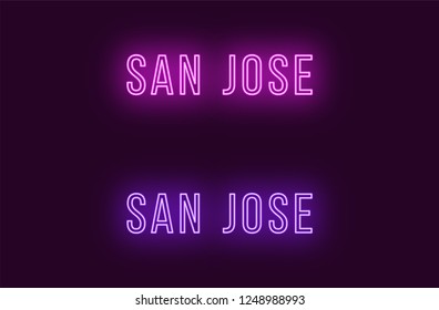 Neon name of San Jose city in USA. Vector text of San Jose, Neon inscription with backlight in Thin style, purple and violet colors. Isolated glowing title for decoration. Without overlay mode