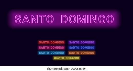 Neon name of Santo Domingo city. Vector illustration of Santo Domingo inscription consisting of neon outlines, with backlight on the dark background. Set of different colors