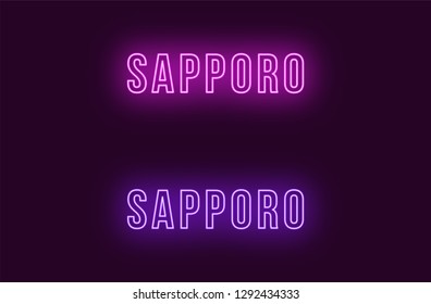 Neon name of Sapporo city in Japan. Vector text of Sapporo, Neon inscription with backlight in Bold style, purple and violet colors. Isolated glowing title for decoration. Without overlay mode