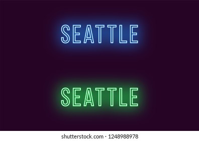 Neon name of Seattle city in USA. Vector text of Seattle, Neon inscription with backlight in Thin style, blue and green colors. Isolated glowing title for decoration. Without overlay mode