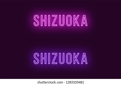 Neon name of Shizuoka city in Japan. Vector text of Shizuoka, Neon inscription with backlight in Thin style, purple and violet colors. Isolated glowing title for decoration. Without overlay mode