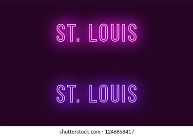 Neon name of St Louis city in USA. Vector text of St Louis, Neon inscription with backlight in Thin style, purple and violet colors. Isolated glowing title for decoration. Without overlay mode