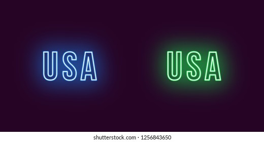 Neon name of USA country. Vector text of USA, Neon inscription with backlight in Bold style, blue and green colors. Isolated glowing title for decoration. Without overlay mode