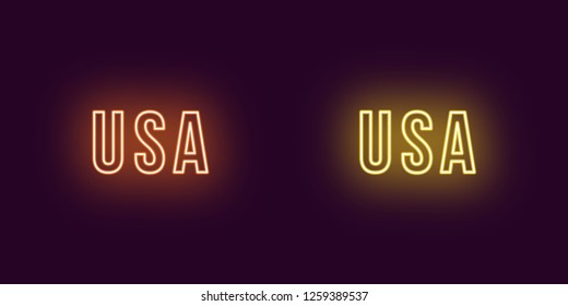 Neon name of USA country. Vector text of USA, Neon inscription with backlight in Bold style, orange and yellow colors. Isolated glowing title for decoration. Without overlay mode