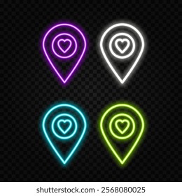 Neon navigation icon. Glossy GPS pin. Vector illustration.