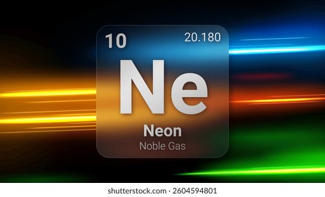 Neon (Ne) (010) Noble Gas, Glass Morphism Element Futuristic Neon Light Glow Background Periodic Table, Chemical Symbol, Name, Atomic Mass, Atomic Number, Vector Illustration