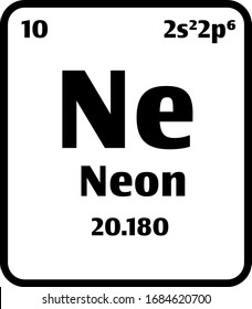 Botón Neon (Ne) sobre fondo blanco y negro en la tabla periódica de elementos con número atómico o un concepto o experimento de ciencia química.	