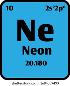 Neon (Ne) button on blue background on the periodic table of elements with atomic number or a chemistry science concept or experiment.	