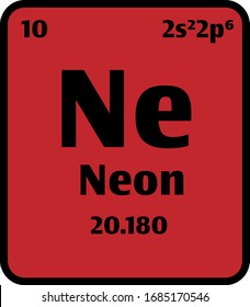 Neon (Ne) button on red background on the periodic table of elements with atomic number or a chemistry science concept or experiment.	