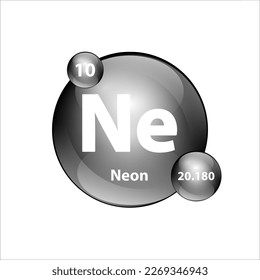 Neon (Ne) chemical element Icon structure round shape circle grey, silver, black easily. Periodic table Sign with atomic number. Study in science for education. 3D Illustration vector.