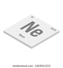 Ilustración isométrica Neon, Ne, gris 3D del elemento de tabla periódica con nombre, símbolo, número atómico y peso. Gas inerte con diversos usos industriales, como iluminación, láseres y como relleno