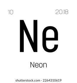Neon, Ne, elemento de tabla periódica con nombre, símbolo, número atómico y peso. Gas inerte con diversos usos industriales, como iluminación, láseres y gas de llenado en determinados tipos de aislamiento.